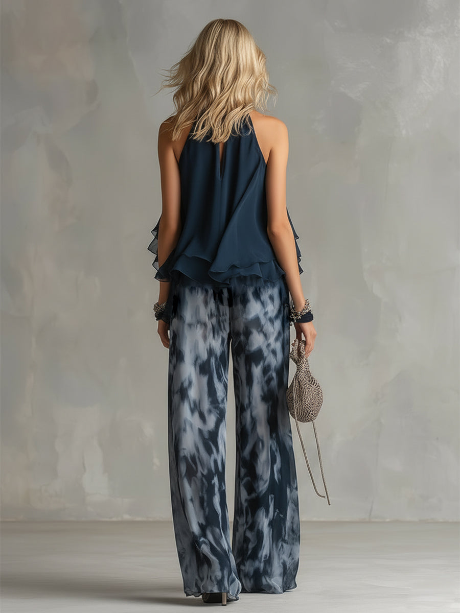 Rosamunda | Completo blusa halter blu navy con pantaloni stampati