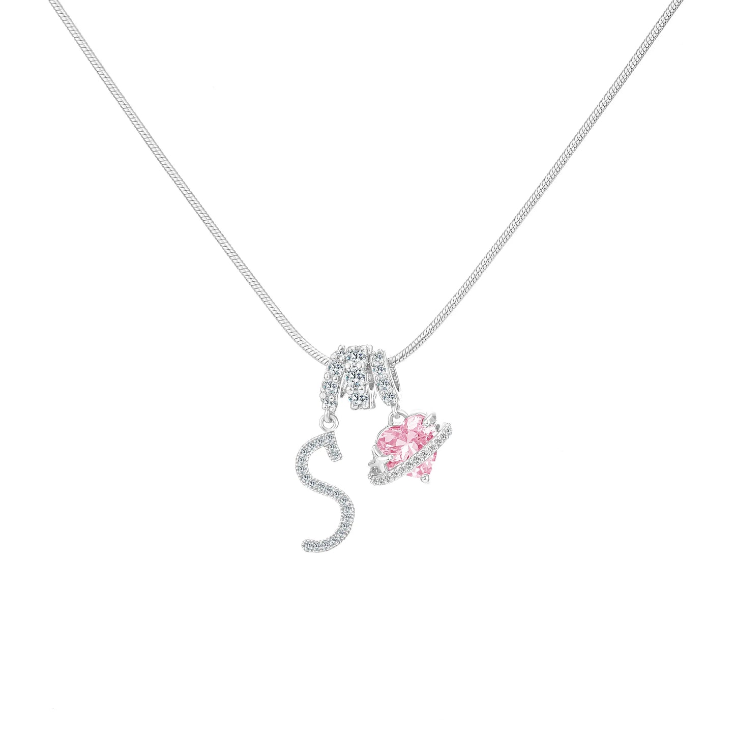 Shimmering Initial & Pink Heart Pendant Necklace
