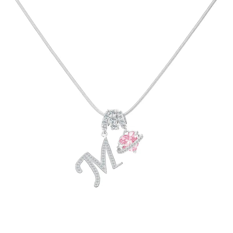Shimmering Initial & Pink Heart Pendant Necklace