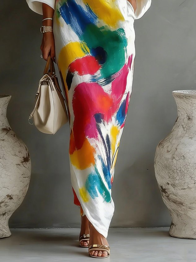 Lucrezia | Abito lungo monospalla con stampa pittorica multicolor