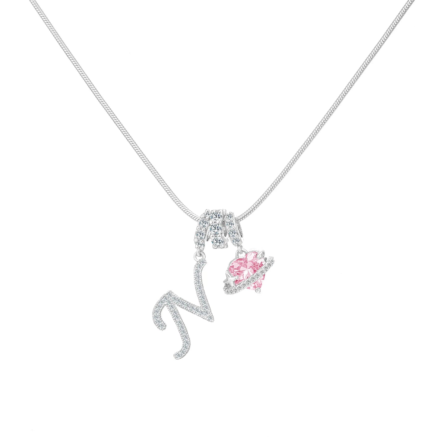 Shimmering Initial & Pink Heart Pendant Necklace
