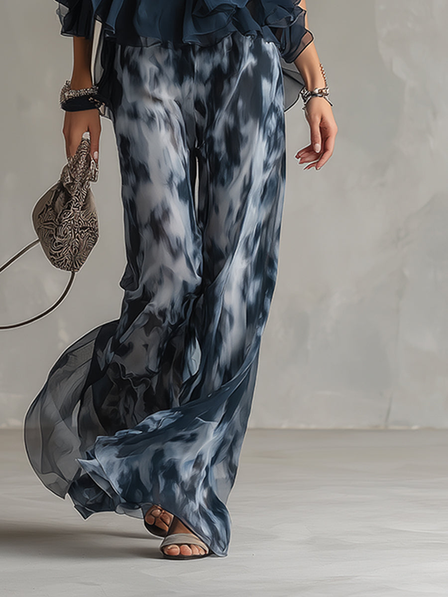 Rosamunda | Completo blusa halter blu navy con pantaloni stampati