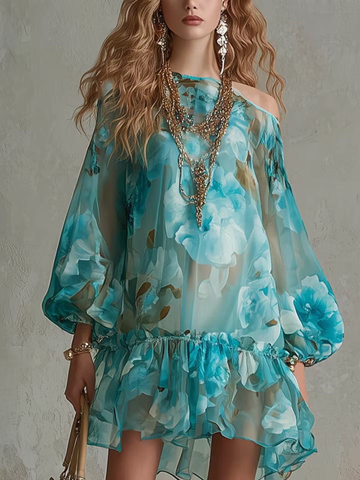 Abito mini in chiffon a spalle scoperte, stile resort, con motivo floreale turchese