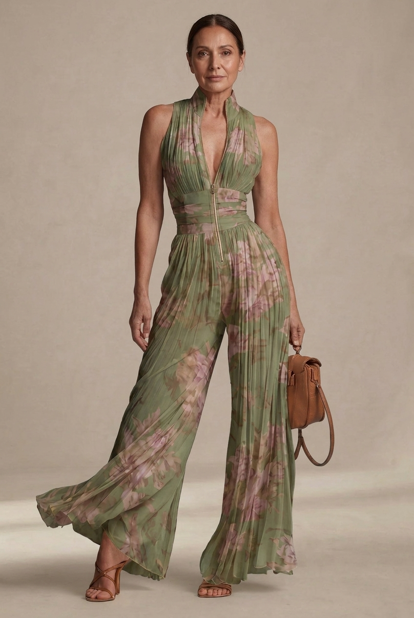 Viola | Tuta in chiffon floreale plissé dal fascino romantico e mediterraneoV