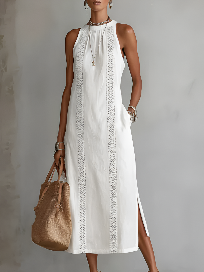 Alessandra | Abito midi smanicato bianco con dettagli ricamati e tasche laterali