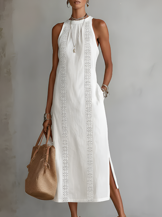 Alessandra | Abito midi smanicato bianco con dettagli ricamati e tasche laterali