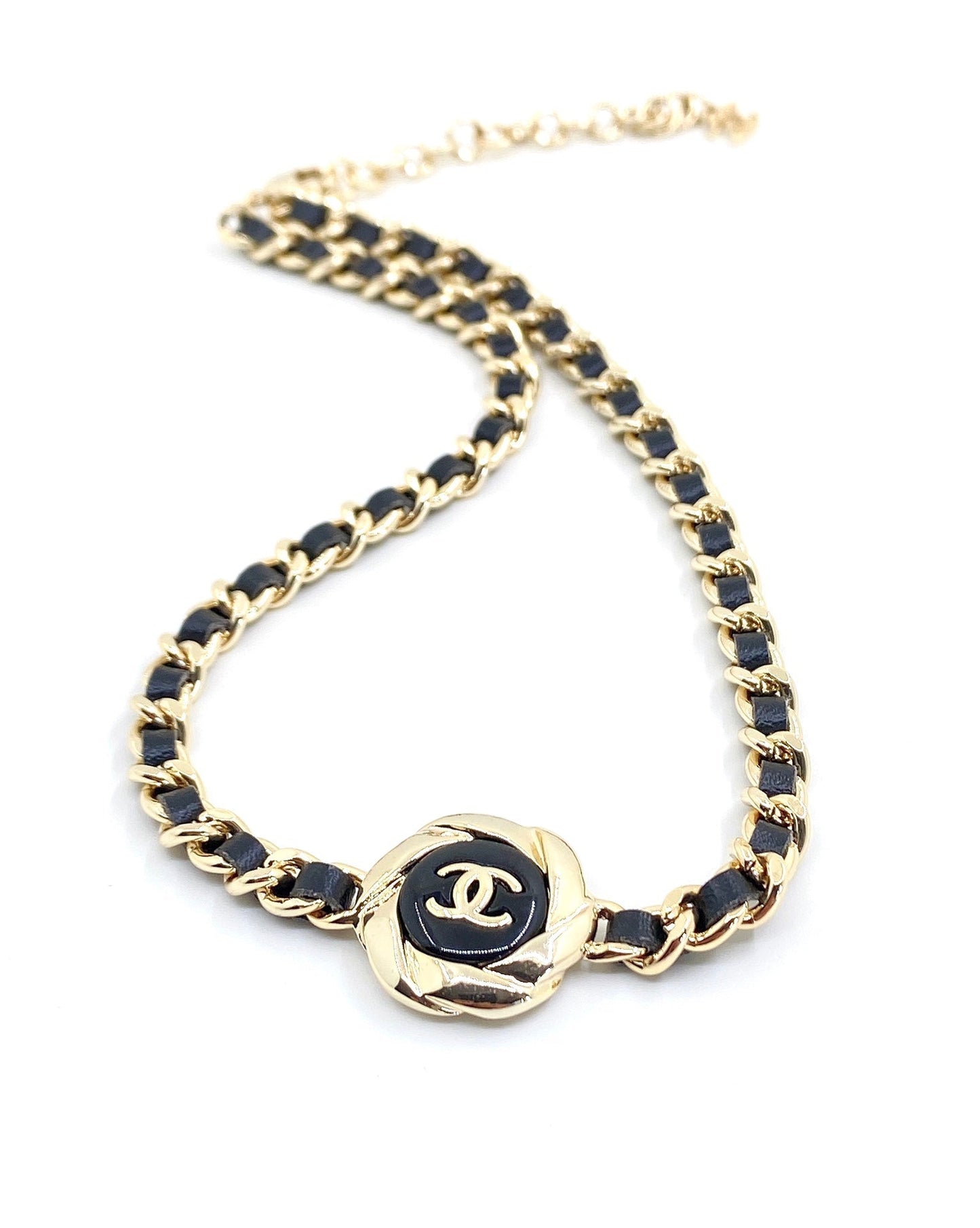 18K  Chanel Rhinestone Leather Choker Necklace