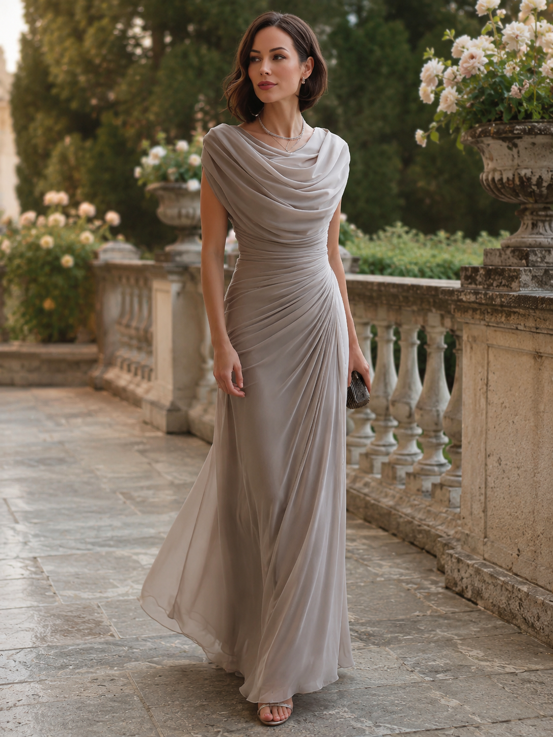 Costanza | Abito maxi drappeggiato con scollo a cascata dal fascino senza tempo
