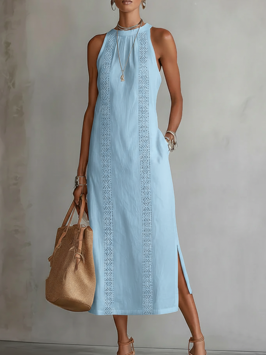 Alessandra | Abito midi smanicato bianco con dettagli ricamati e tasche laterali