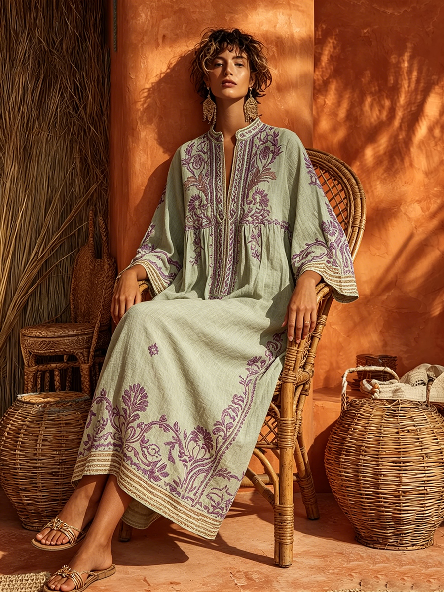 Celestina | Abito boho ricamato dal fascino mediterraneo verde