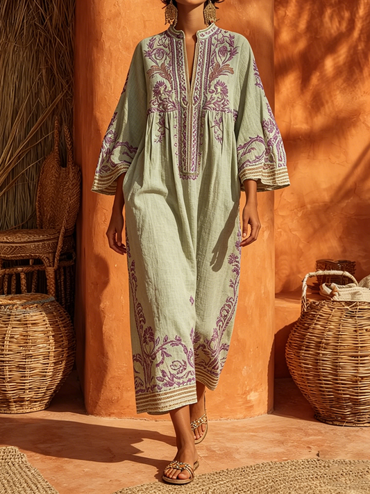 Celestina | Abito boho ricamato dal fascino mediterraneo verde