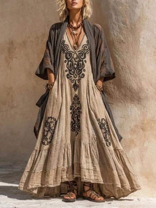 Azzurra | Set bohémien elegante con abito decorato e cardigan lungo fluido