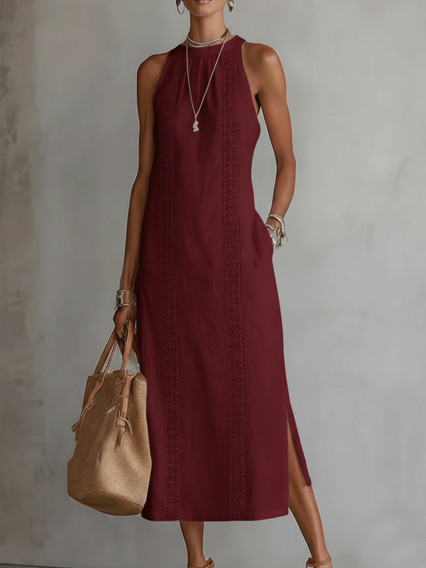 Alessandra | Abito midi smanicato bianco con dettagli ricamati e tasche laterali