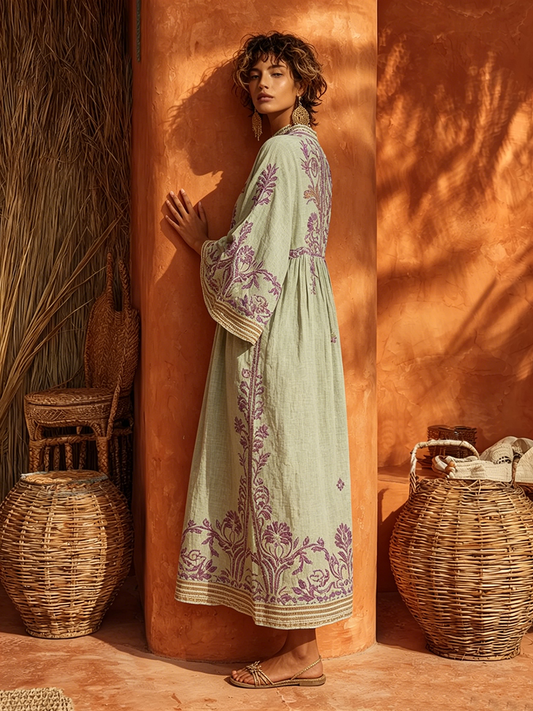 Celestina | Abito boho ricamato dal fascino mediterraneo verde