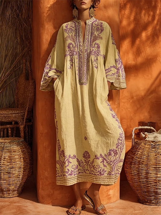 Celestina | Abito boho ricamato dal fascino mediterraneo guiallo