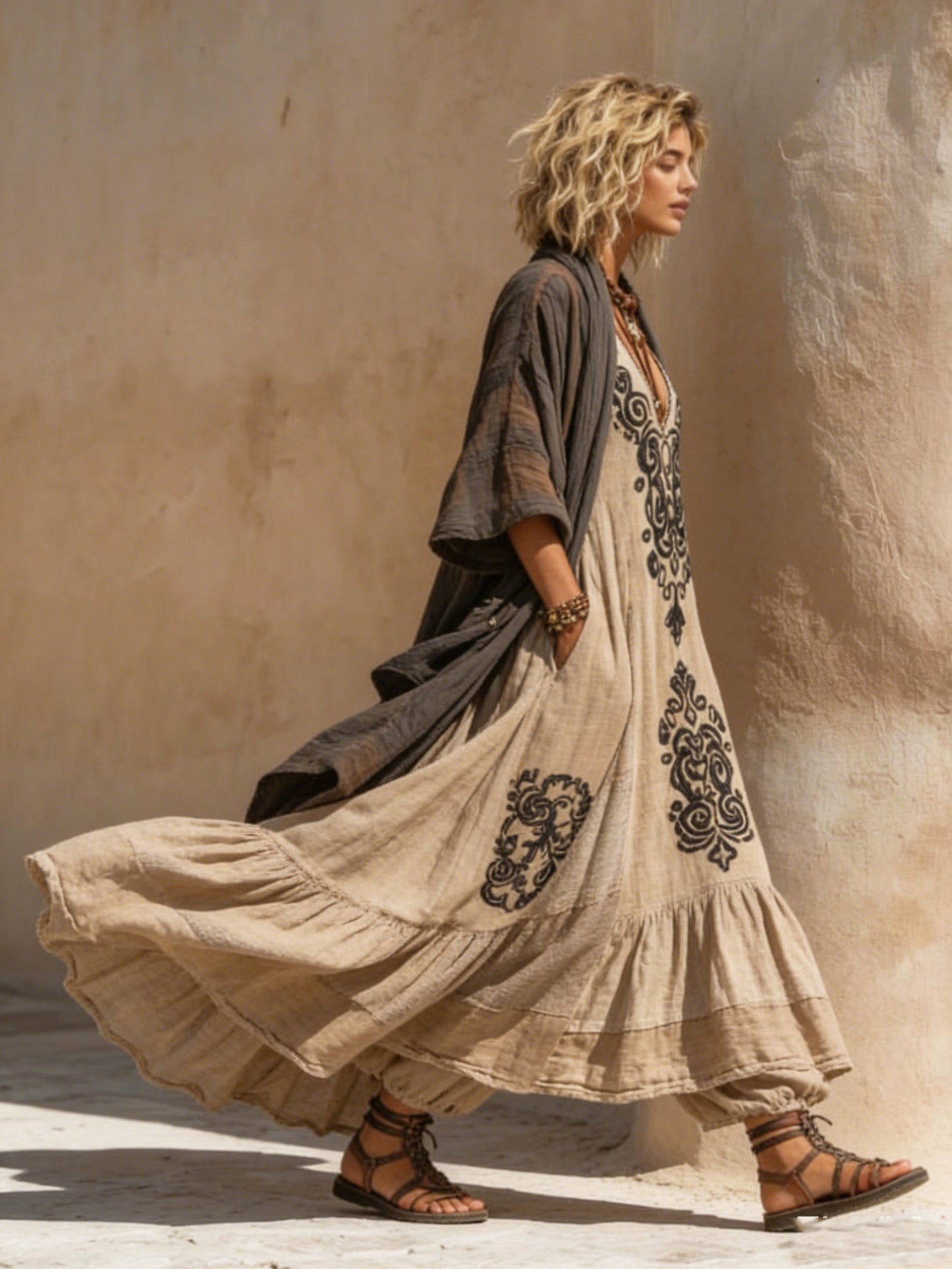 Azzurra | Set bohémien elegante con abito decorato e cardigan lungo fluido