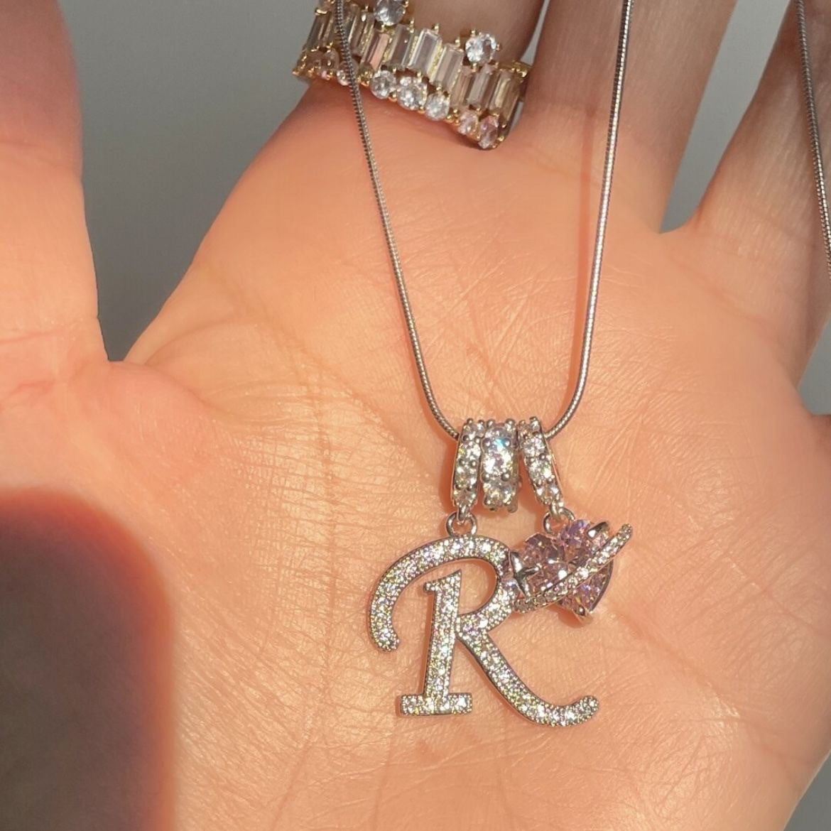 Shimmering Initial & Pink Heart Pendant Necklace