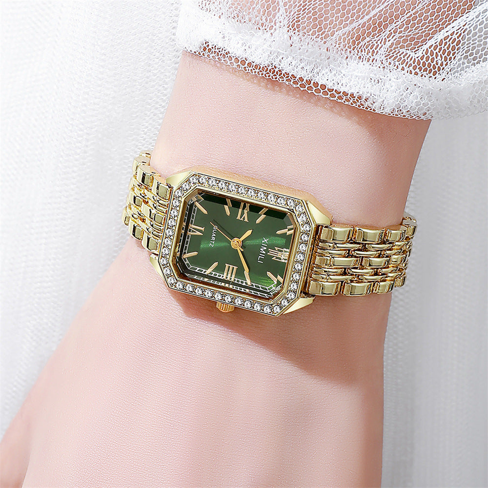 Sparkling Square Gold Watch with Crystal Bezel
