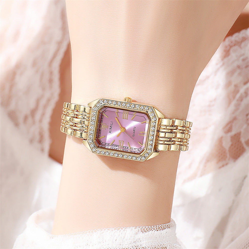 Sparkling Square Gold Watch with Crystal Bezel